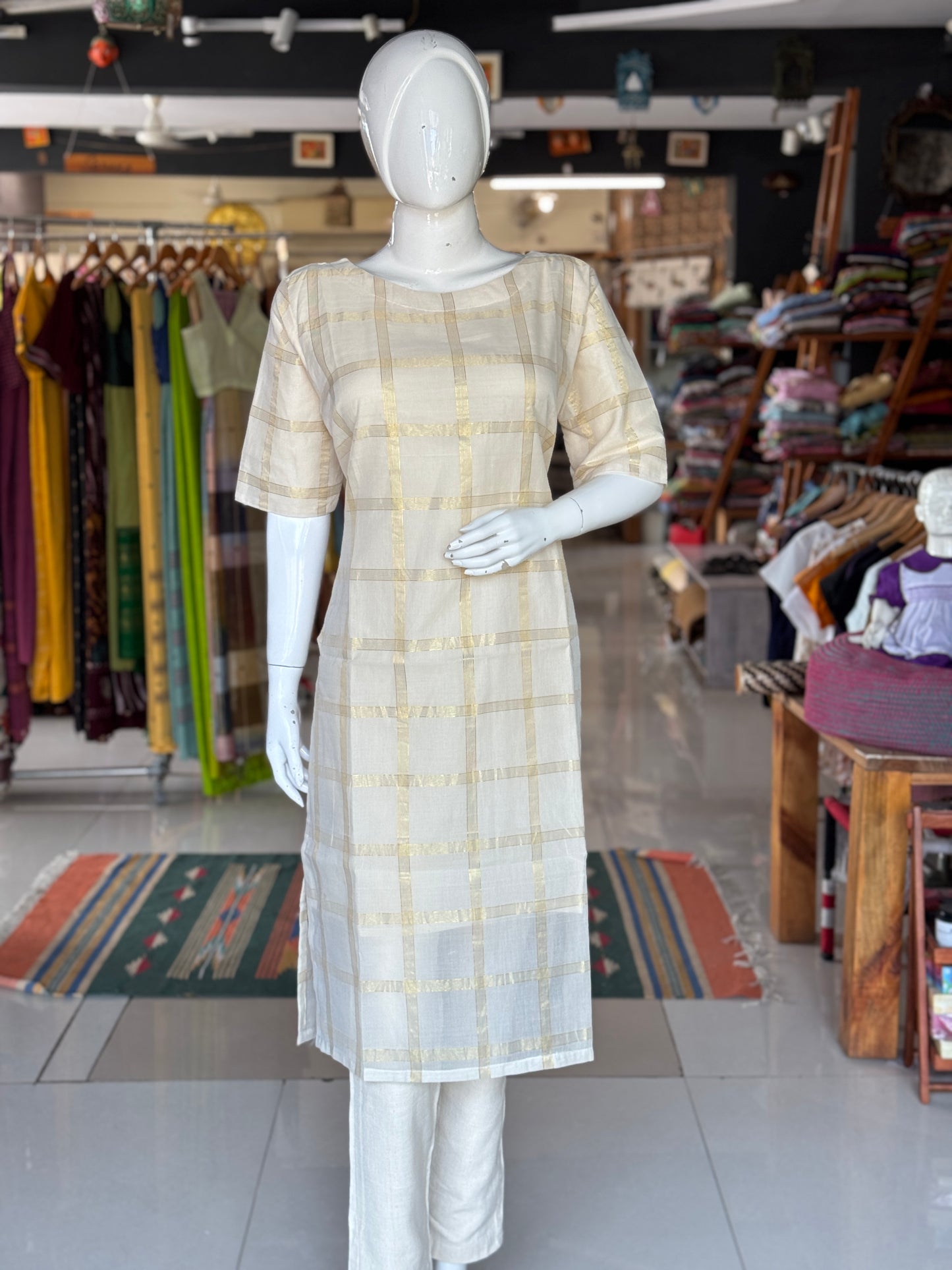 Off white cotton Venkatagiri handloom kurti with Golden Zari checks
