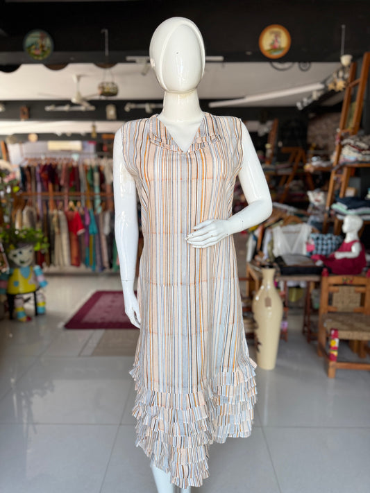 Orange grey stripes on offwhite handblock print cotton frills dress with multiple collars