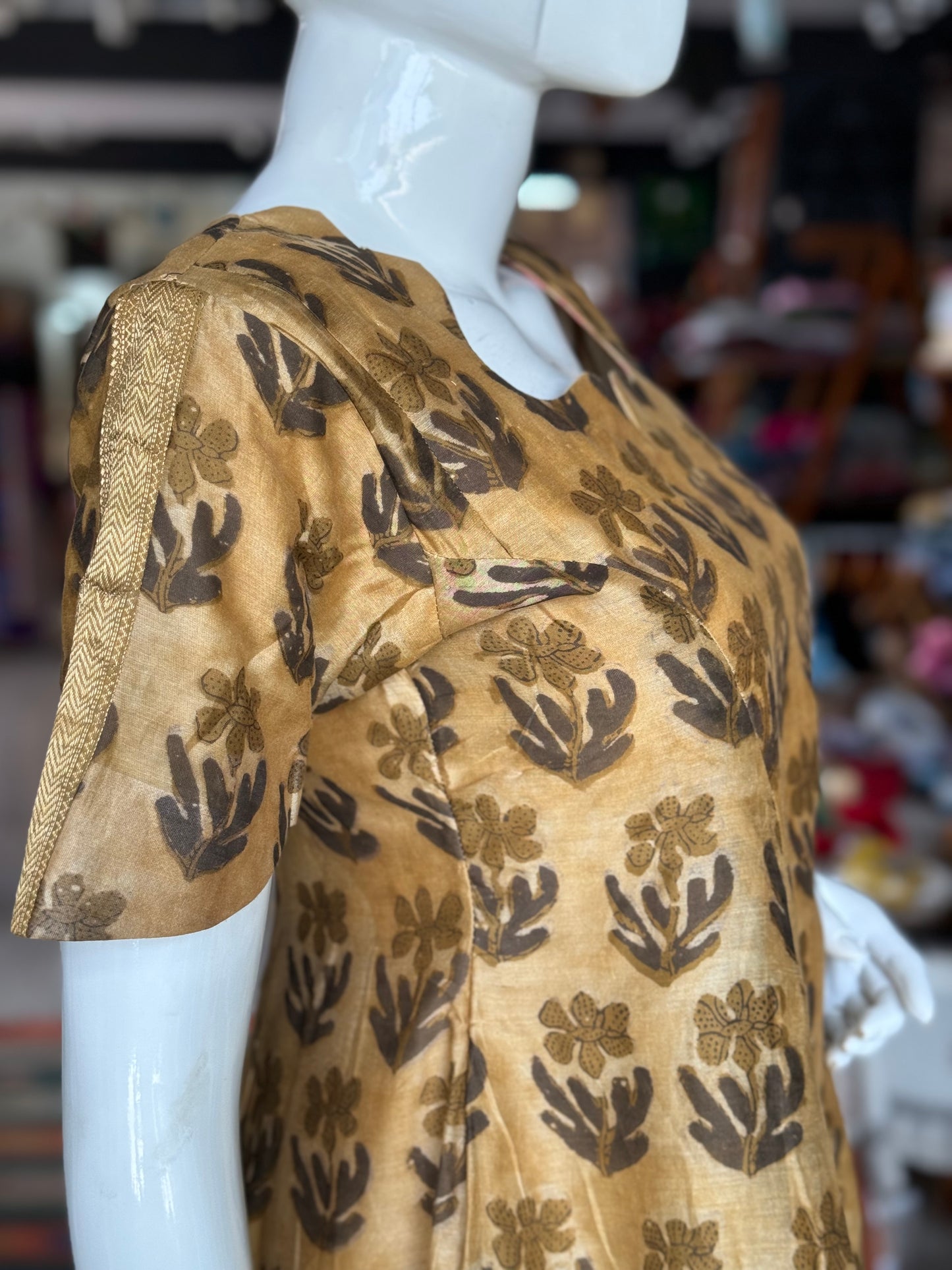 Olive green Vanaspati handblock printed Chanderi dress Kurti