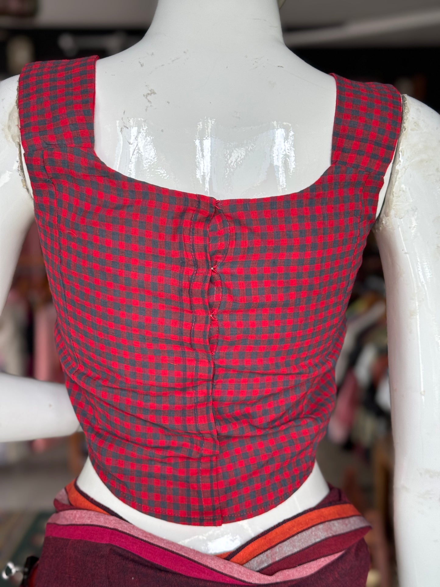 Red n blue checks handloom cotton sleeveless blouse