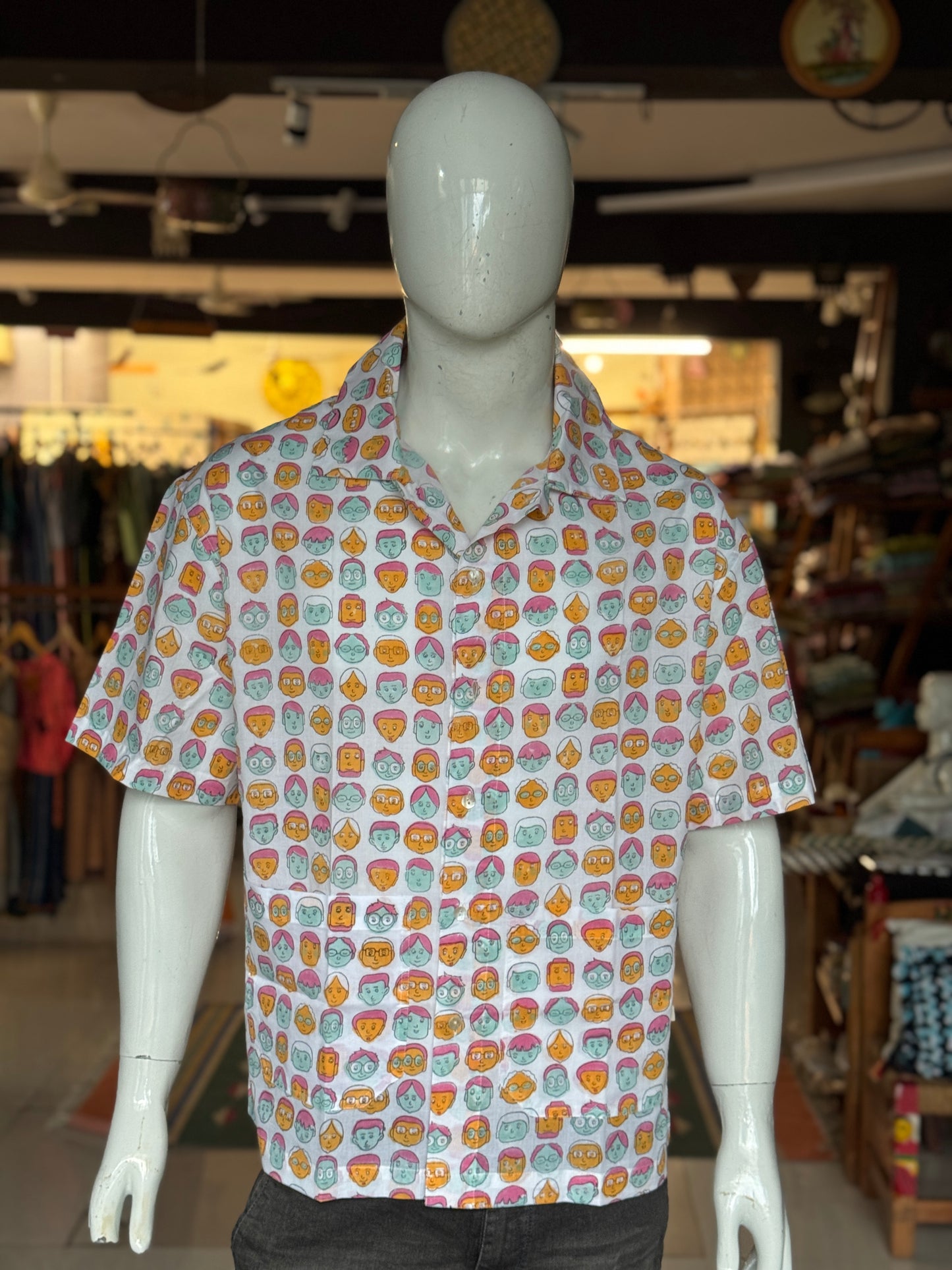 Colorful faces print half sleeves mens hand block printed band collared cotton shirt - vacation vibes