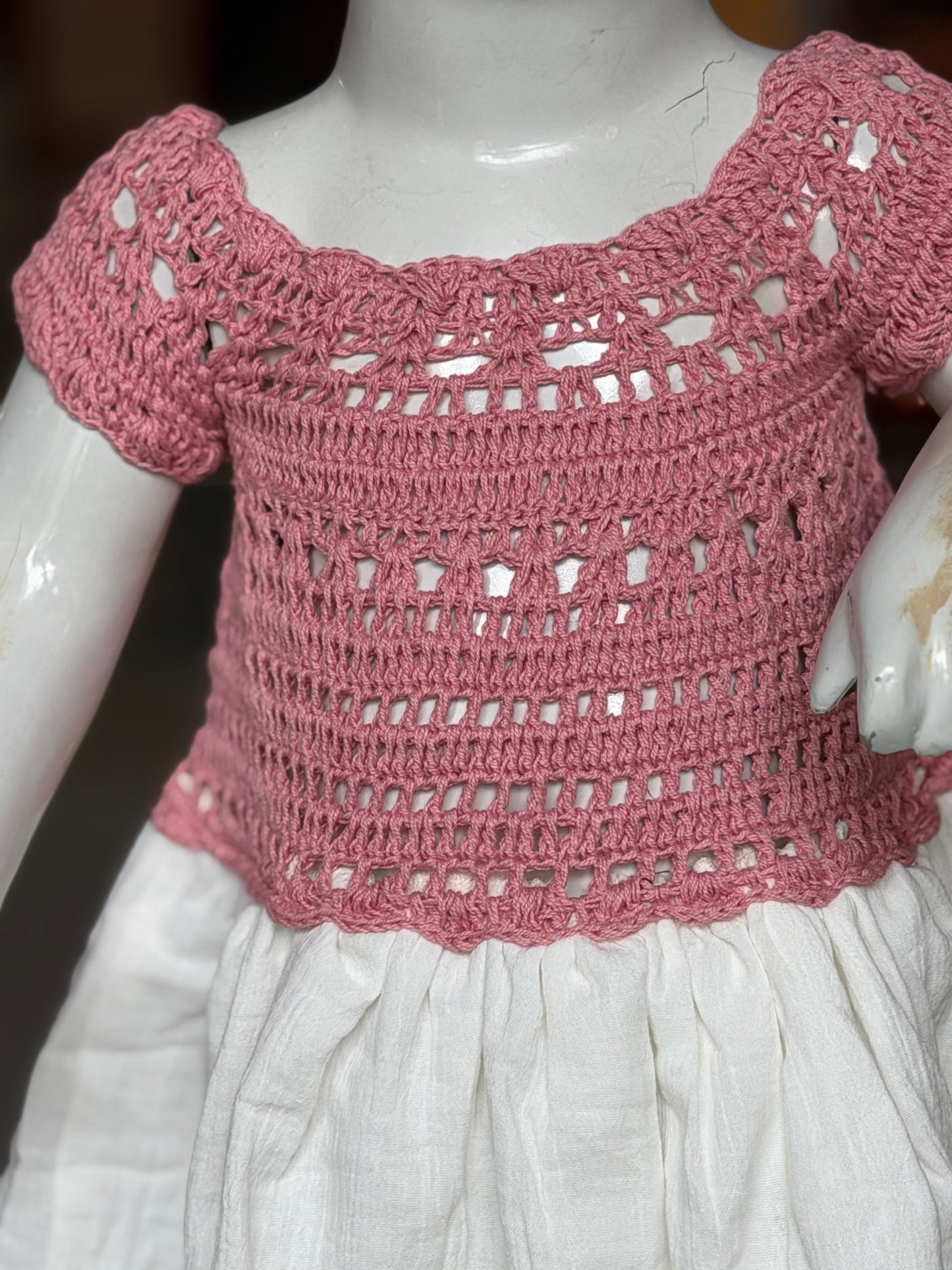 Pink crochet yoke with off white balloon hem frock for little girls