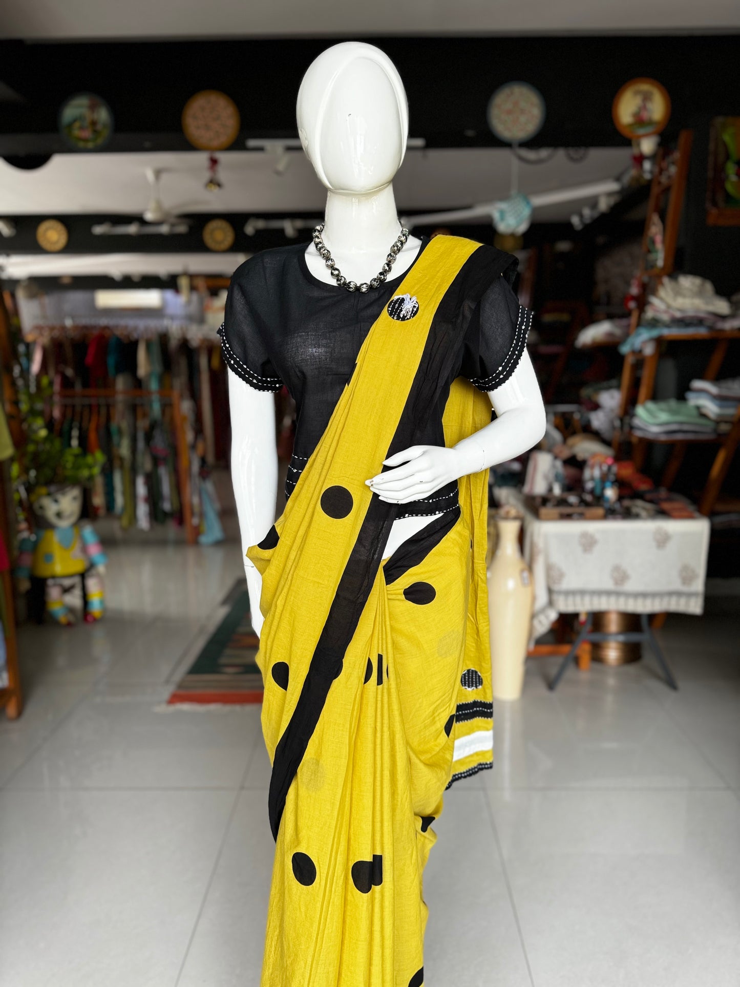 Yellow hand embroidered designer soft cotton saree