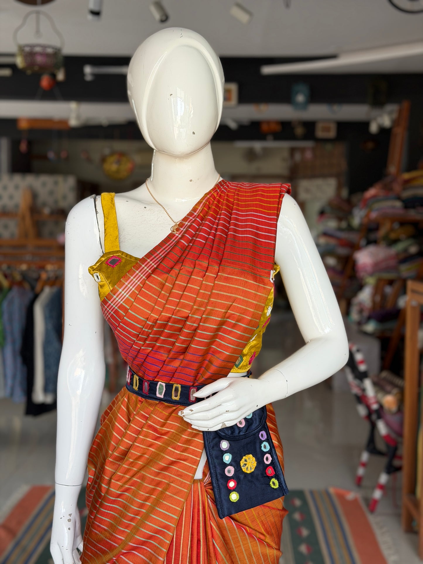 Mashru belt with attached phone pouch - hand embroidered mirror work