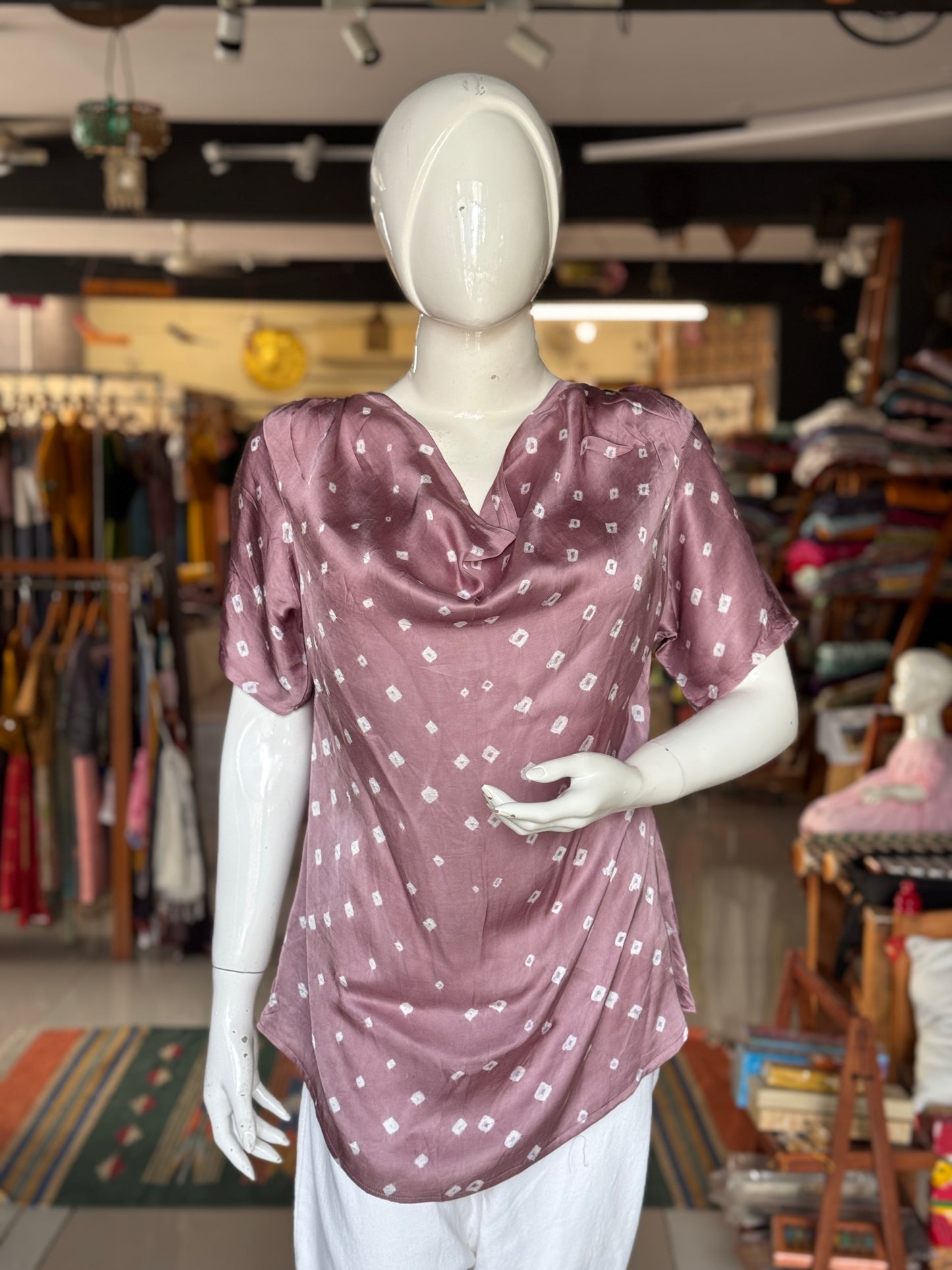 Mauve hand tie n dye bandini modal cowl neck top