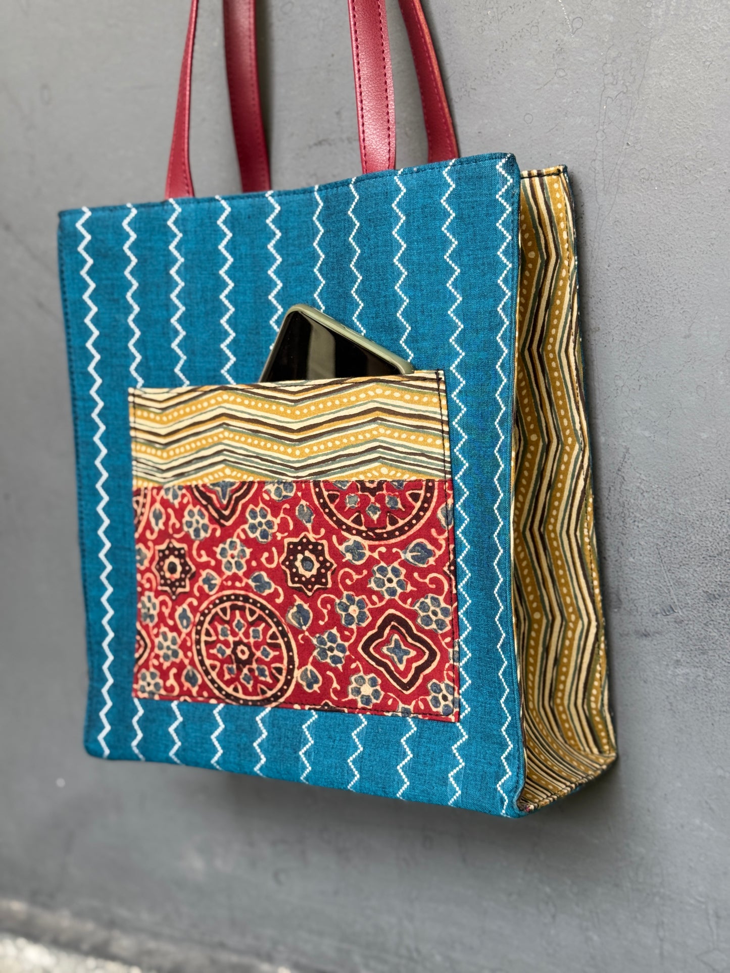 Wide base hand block printed, fabric tote bag with front patch pocket