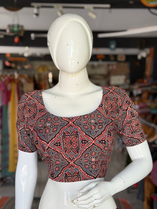 Maroon and Indigo Ajrakh handblock printed, natural dyed cotton back open blouse