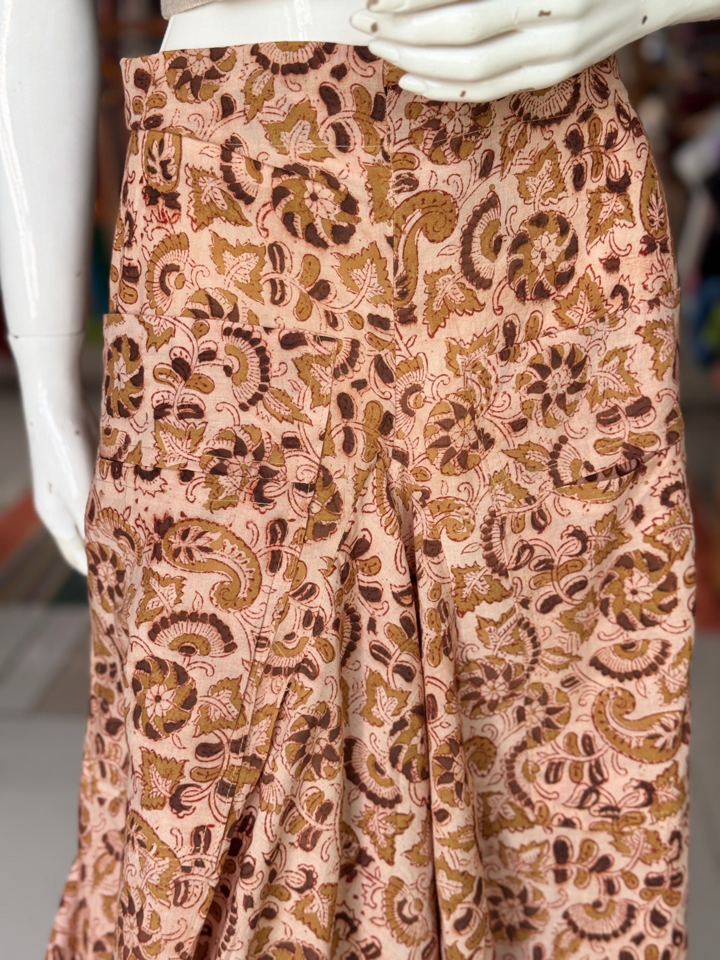 Olive green on cream Kalamkari hand block printed cotton designer skirt - with pockets