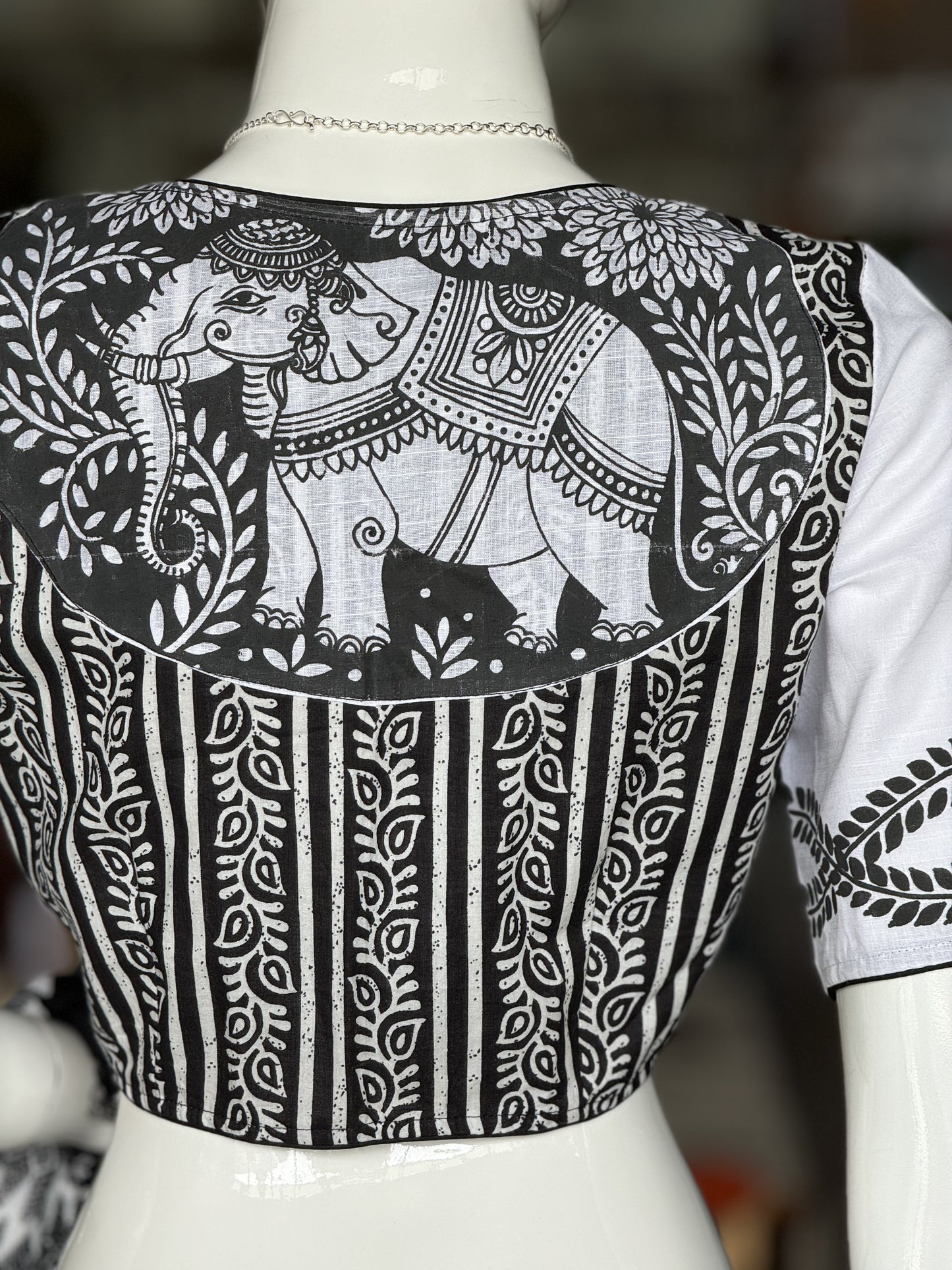 Black and white hand painted cotton blouse with elephant design