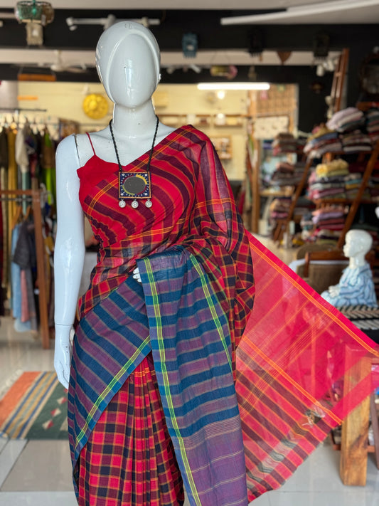 Red checks special Chettinad cotton handloom saree