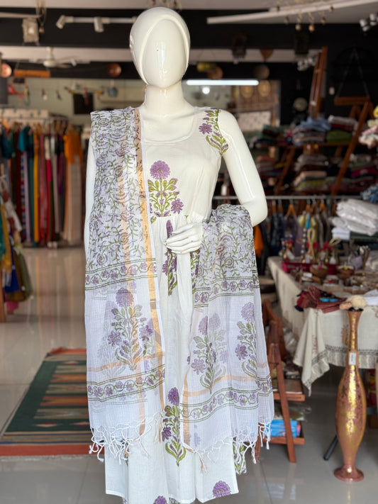 White Mughal hand block printed sleeveless Kurti, pants and kota dupatta - 3 piece set