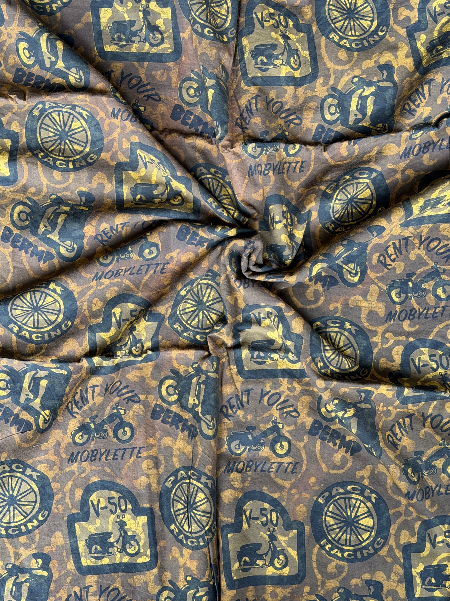 Moss green racing scooters hand block printed cotton fabric - double dabu print