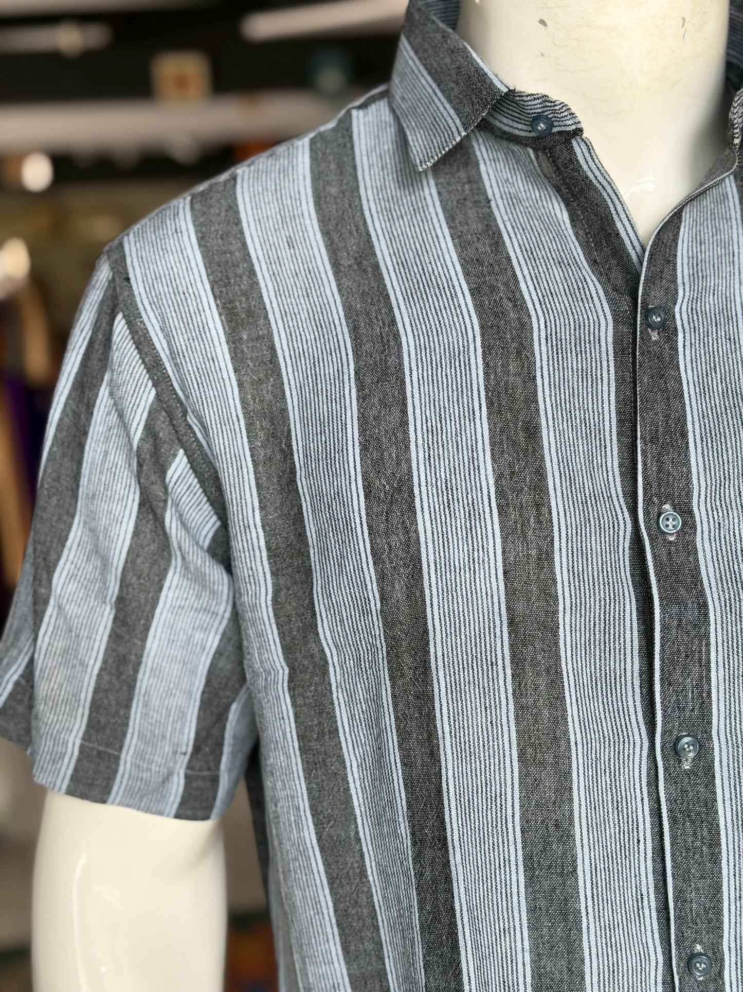 Navy blue stripes handwoven kala cotton half sleeves shirt for men - click to see sizes available