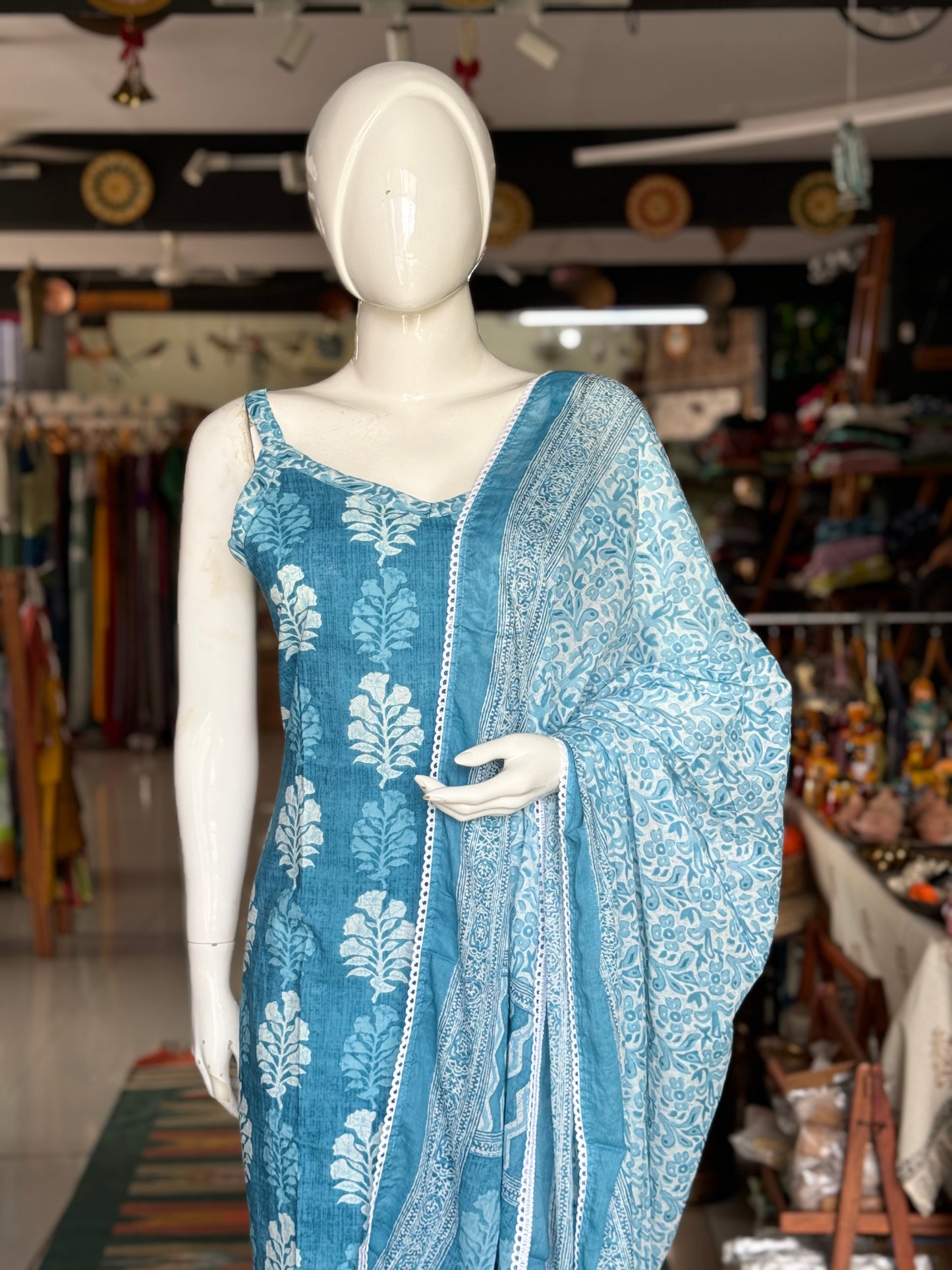 Blue cotton strap sleeves straight Kurti, pants and dupatta with lace border - 3 piece set