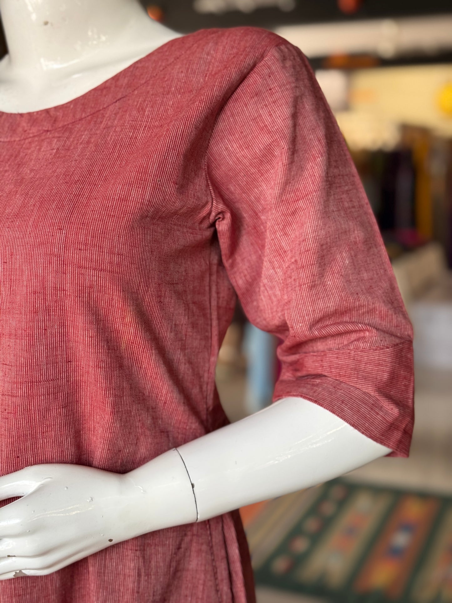 Maroon fine stripes hand woven, cotton dress with gathers at hem