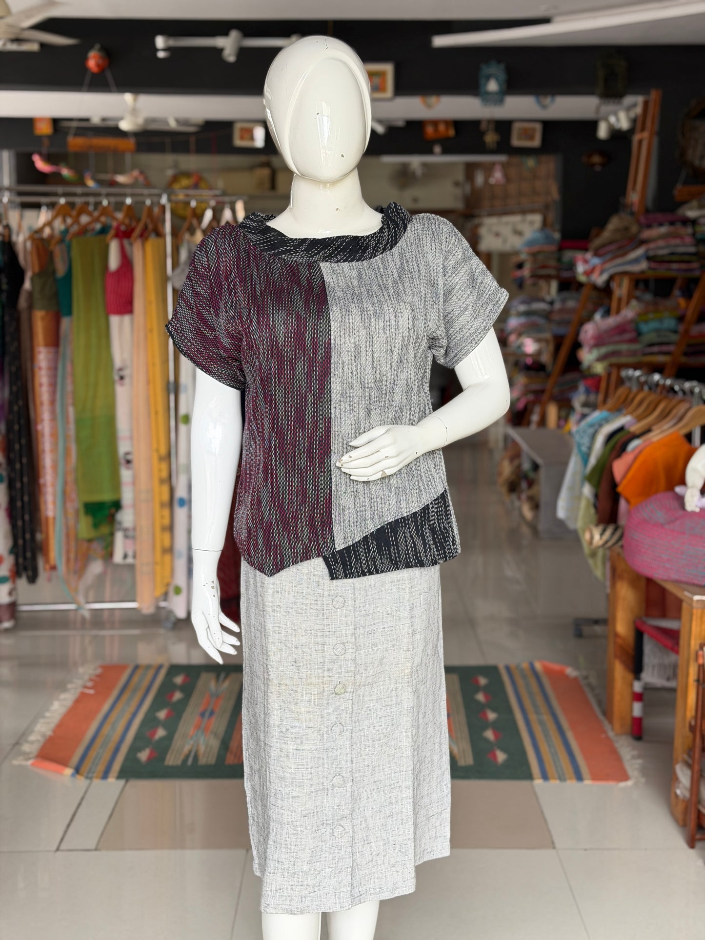 Grey, maroon n black - hand spun, handwoven cotton top with woven thread kantha
