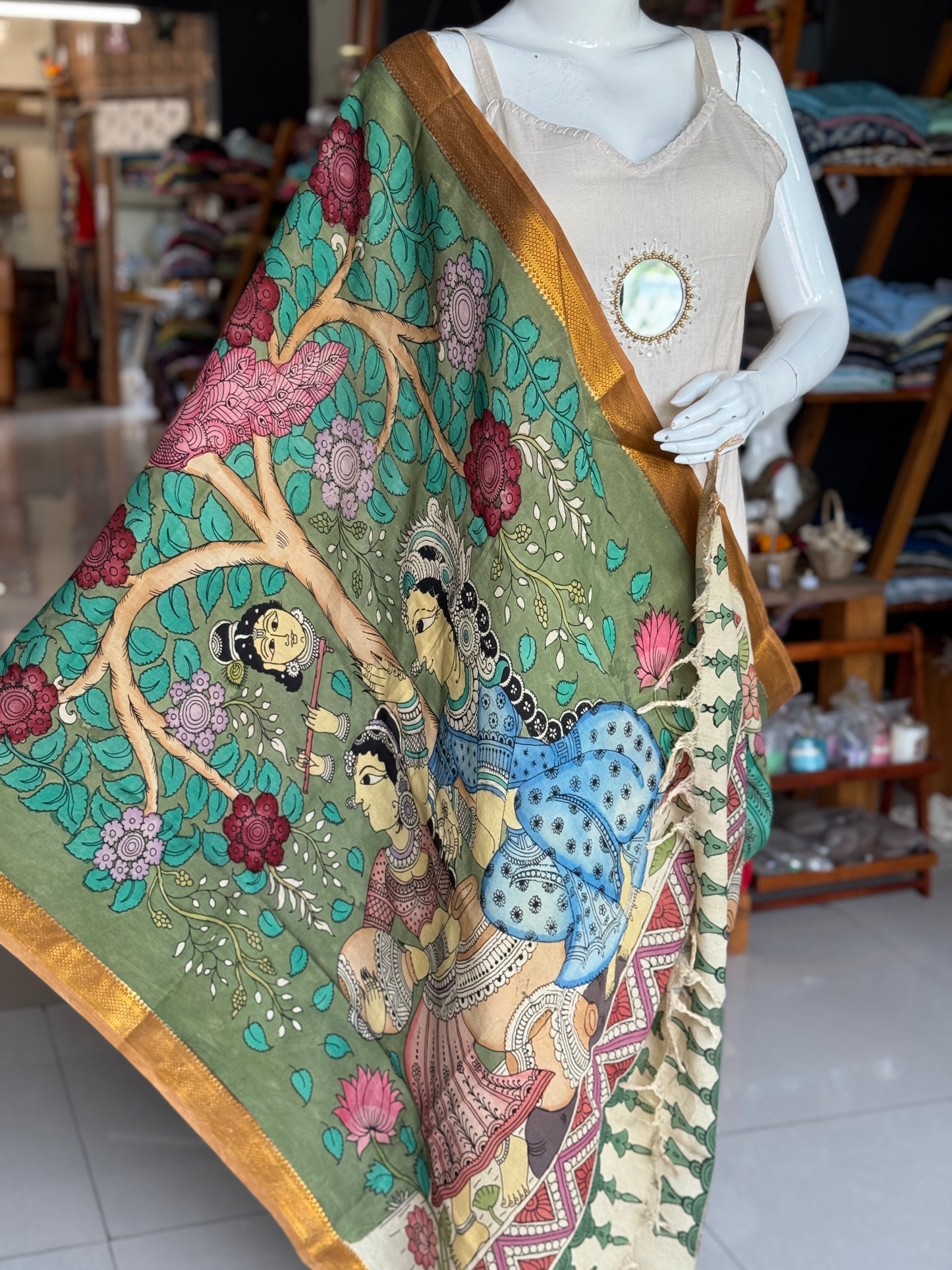 Bangalore Silk hand painted floral pen Kalamkari dupatta