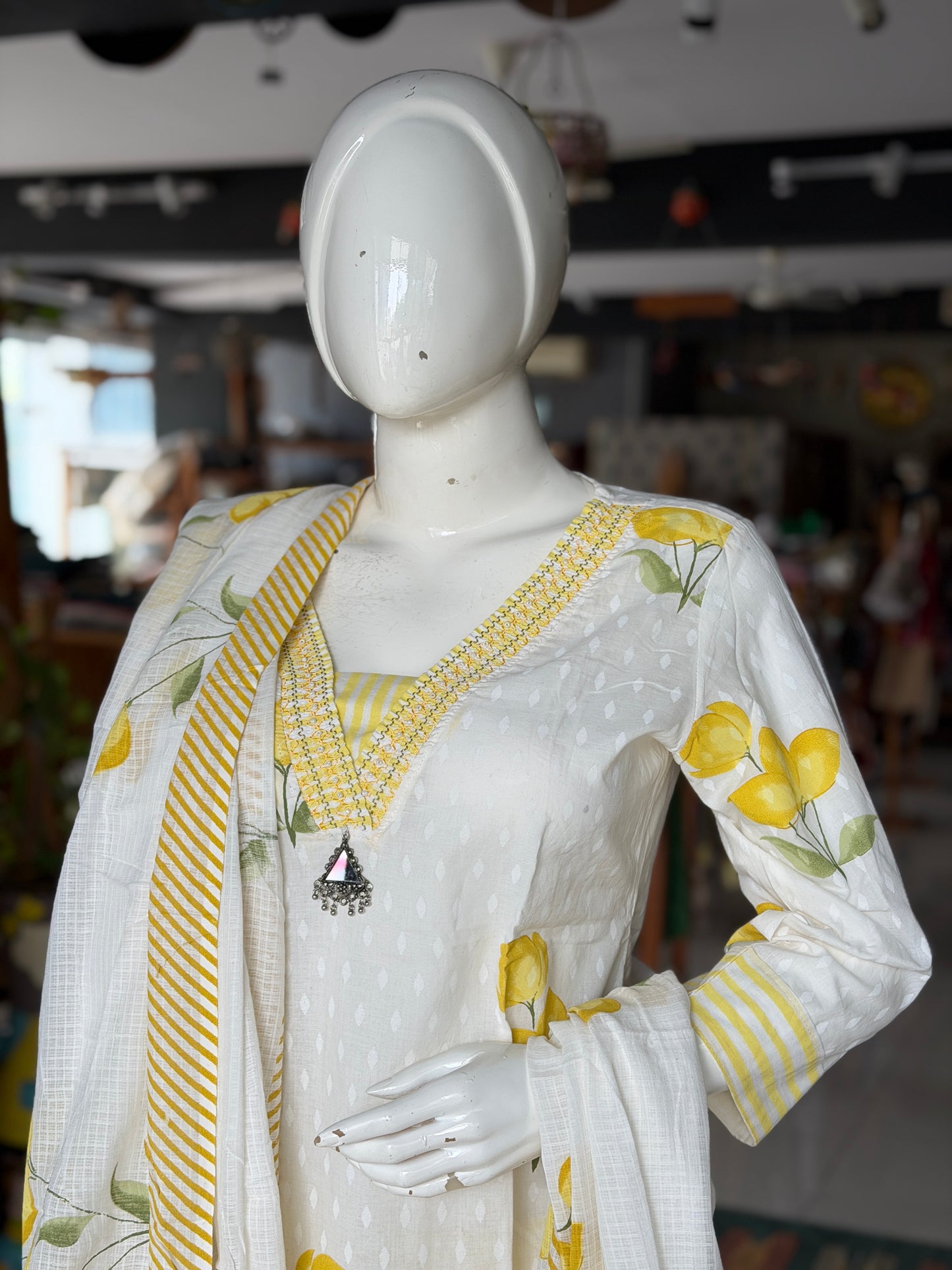 Lime n lemony white cotton 3 piece set - straight kurti, pants and dupatta