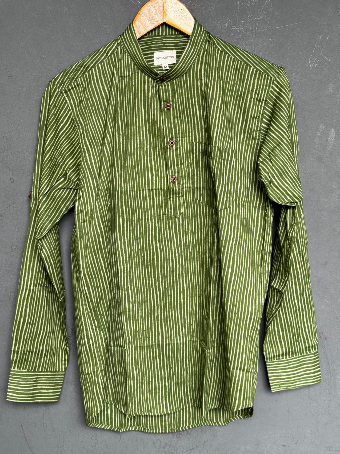 Dark green stripes handblock printed full sleeves cotton short kurta for men