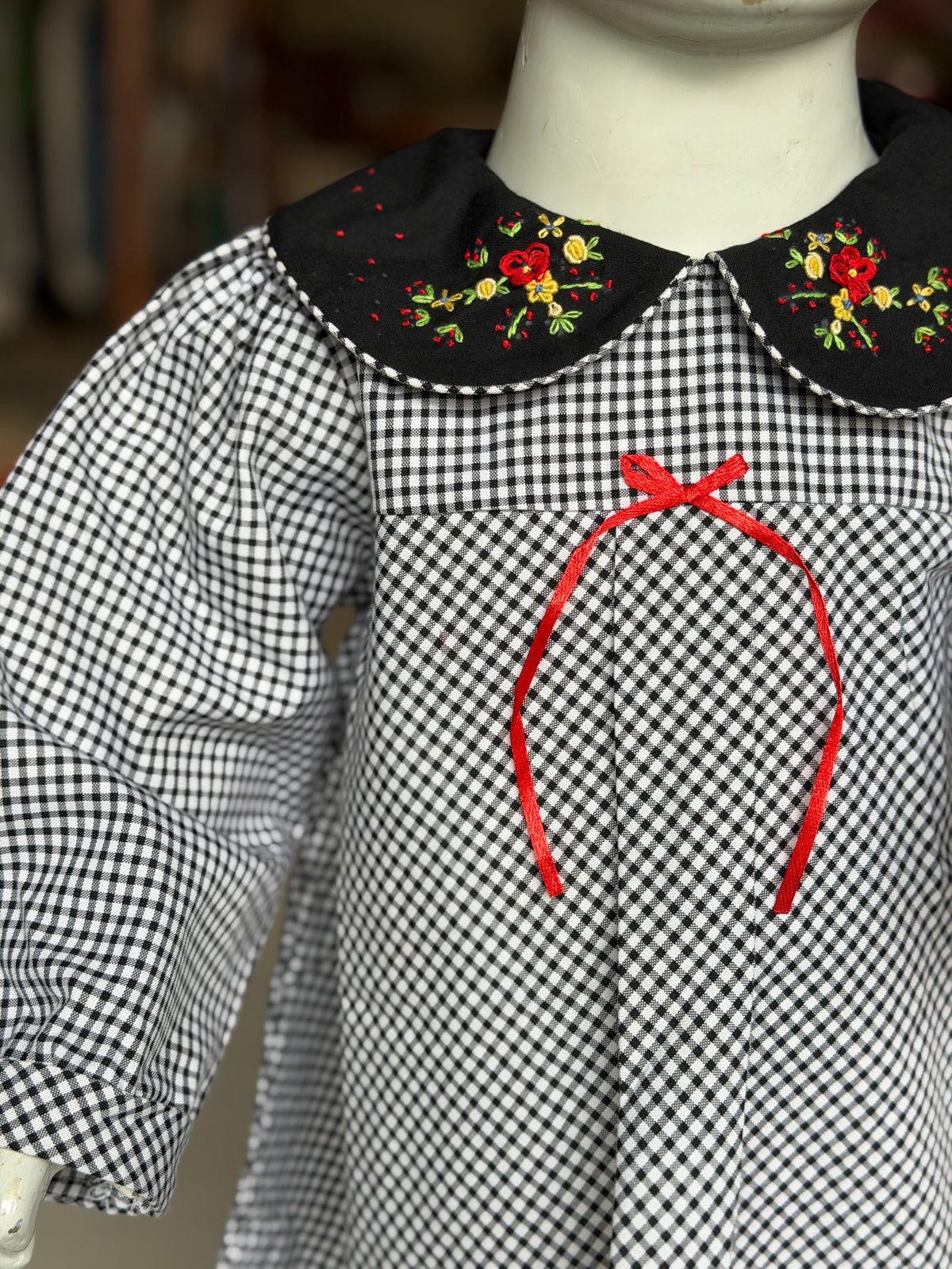 Black checks long sleeves cotton dress with hand embroidered Peter Pan collar
