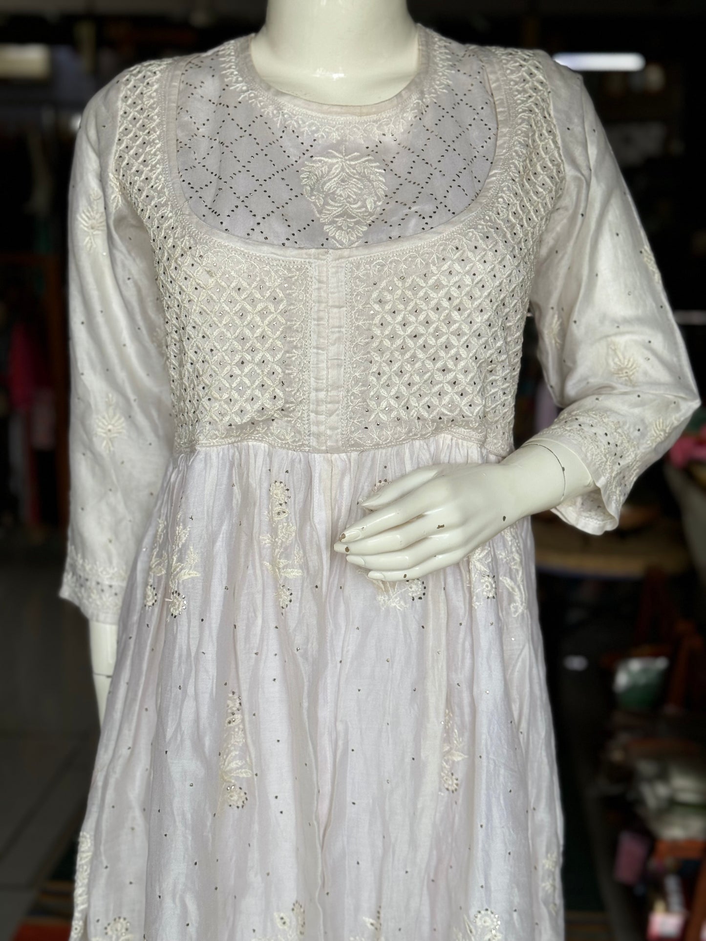 Off white chikankari mukaish hand embroidered anarkali dress