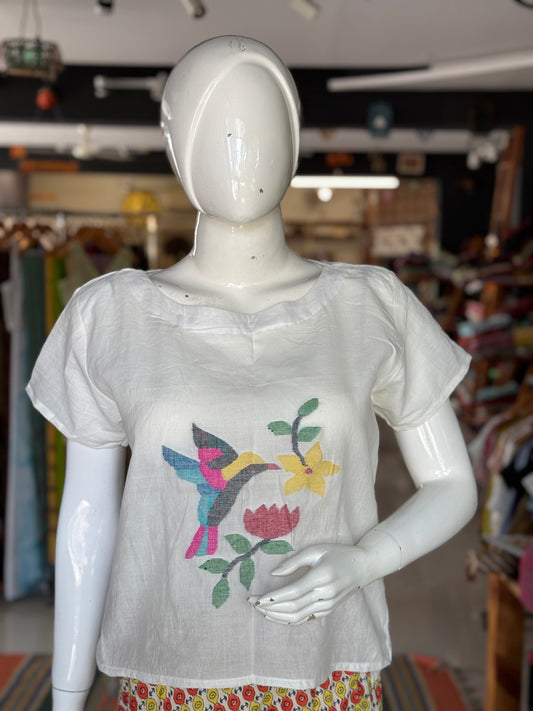 White Jamdani cotton handloom top with bird and flower motif on the front and back with elastic detailing