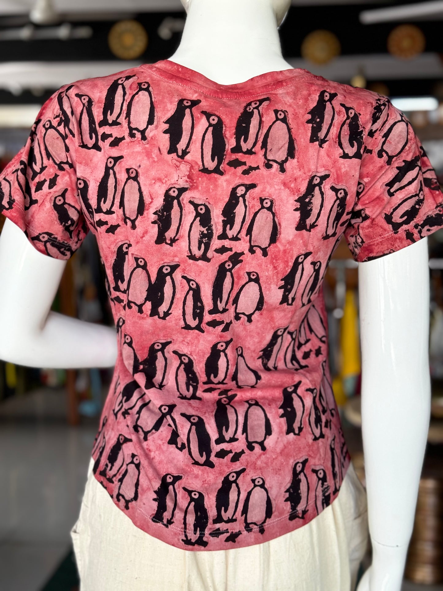 Maroon penguins cotton hand block printed, natural dyed tshirt for women