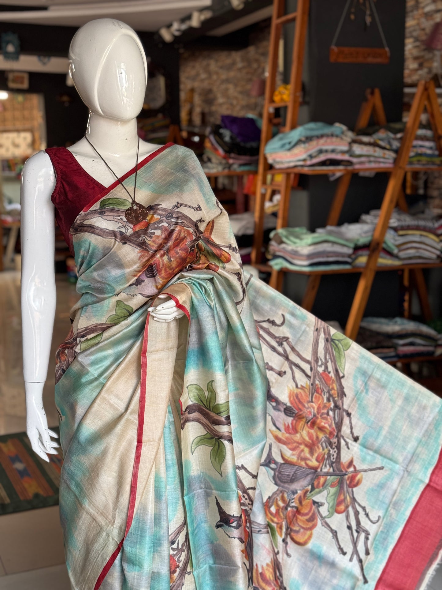 Birds in nest - hand painted pure tussar silk saree