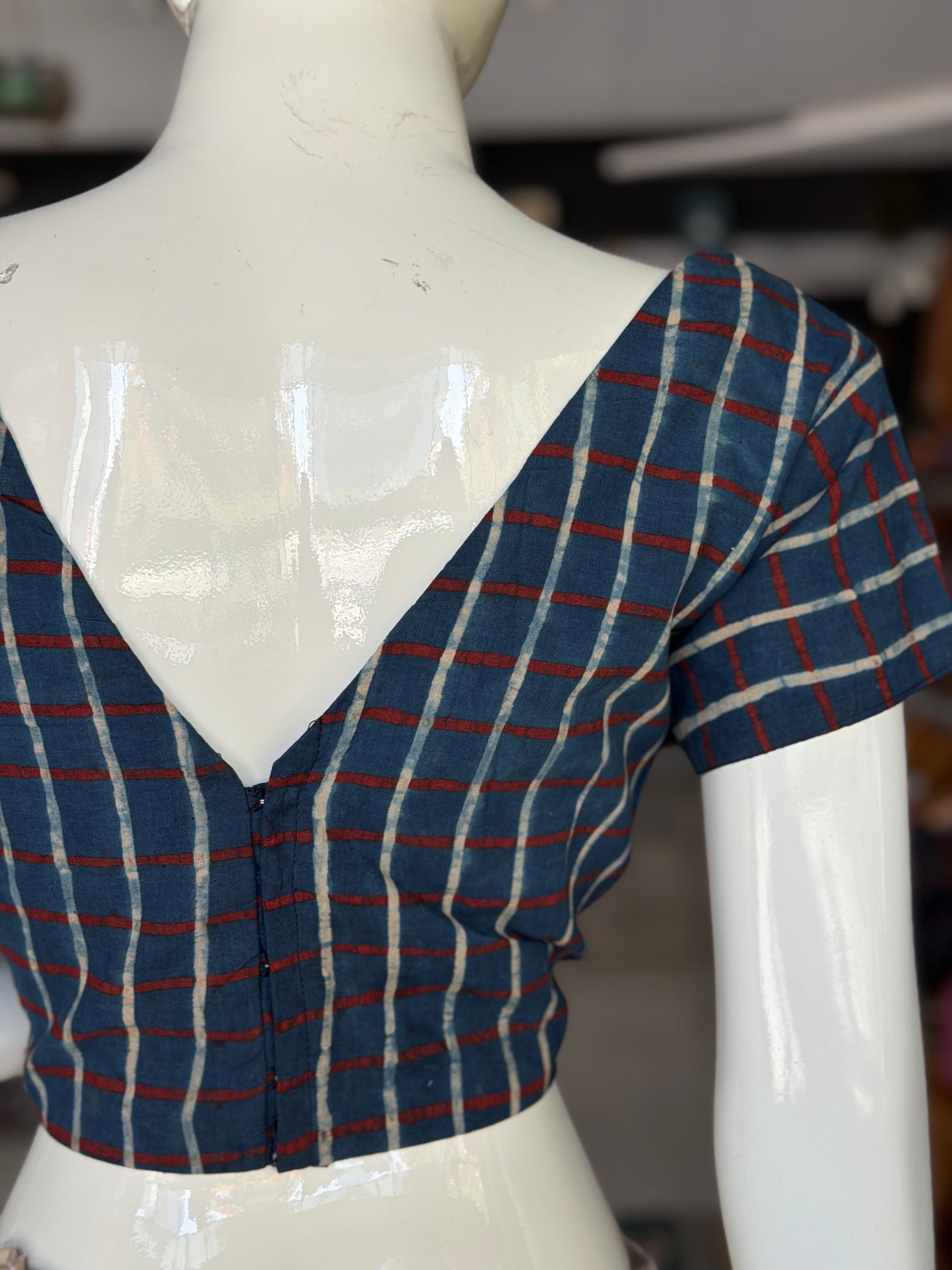 Indigo blue checks Ajrakh handblock printed, natural dyed cotton back open blouse