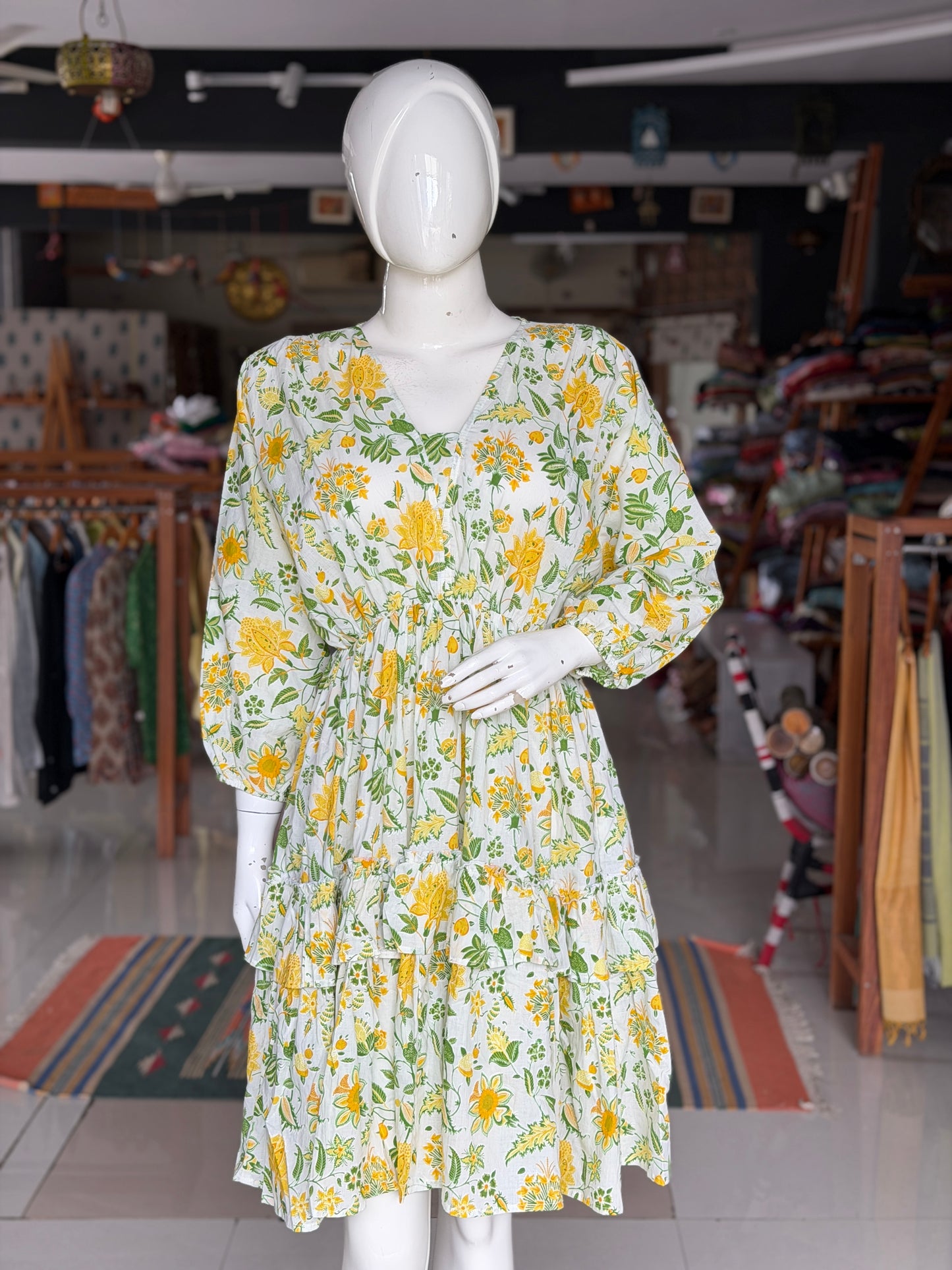 White floral cotton knee length tiered frills dress - free size with elastic waist