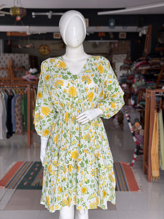 White floral cotton knee length tiered frills dress - free size with elastic waist