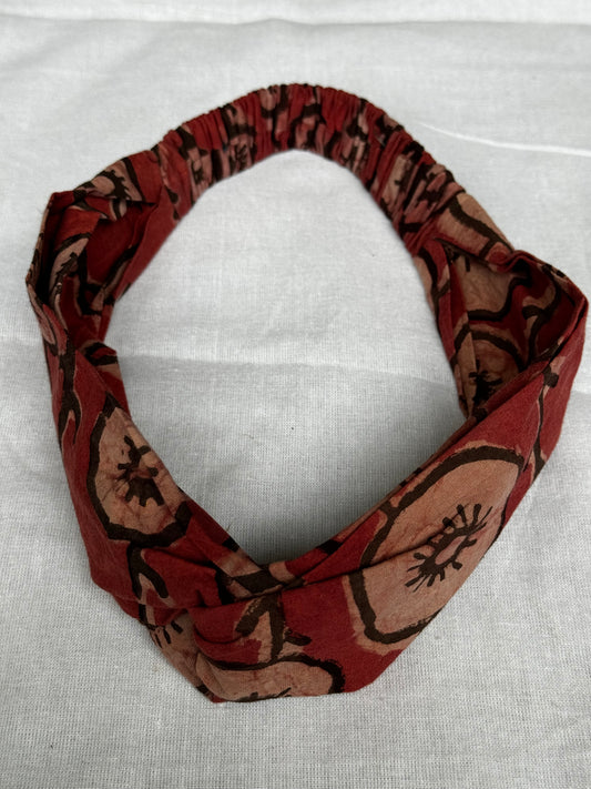 Cross Hair band with elastic in natural dyed, hand block printed cotton