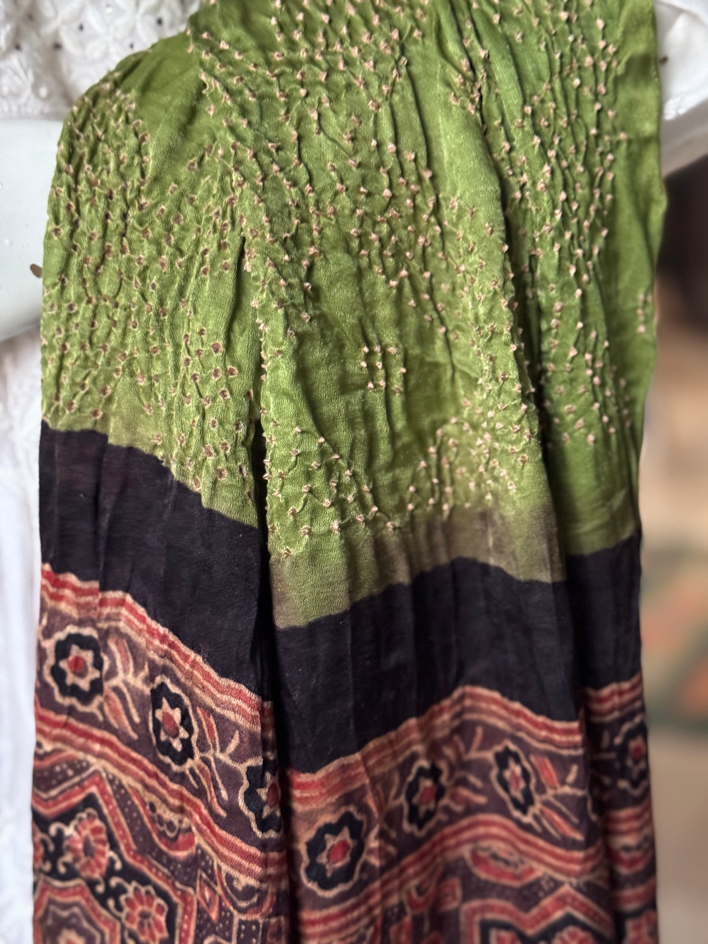 Ajrakh bandini tie dye gajji silk dupatta - fine Bandhej with hand block Ajrakh