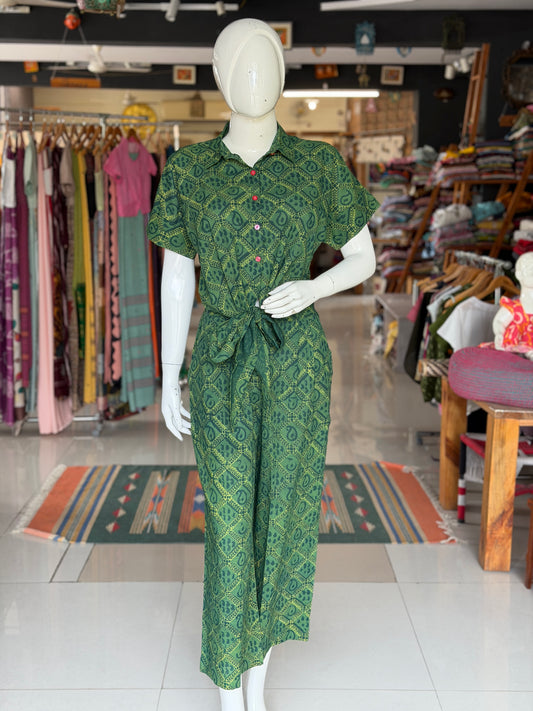 Green hand block printed knotted collared cotton top and pants coord set