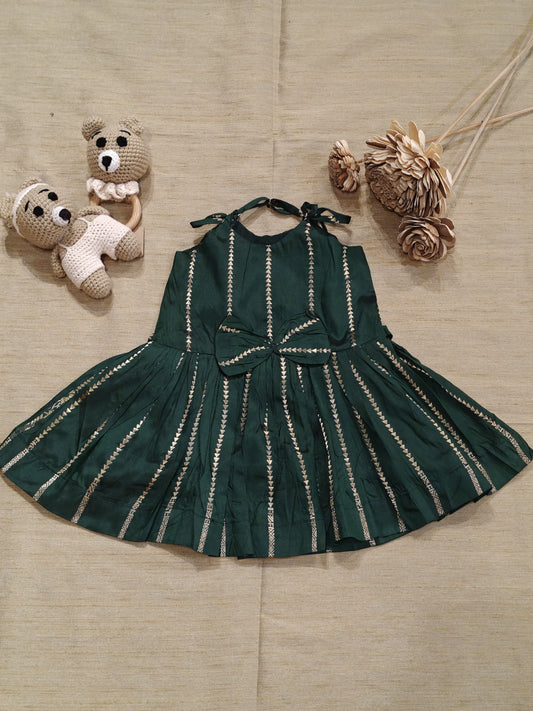 Bottle green pure silk hand woven frock for baby girl with Zari stripes