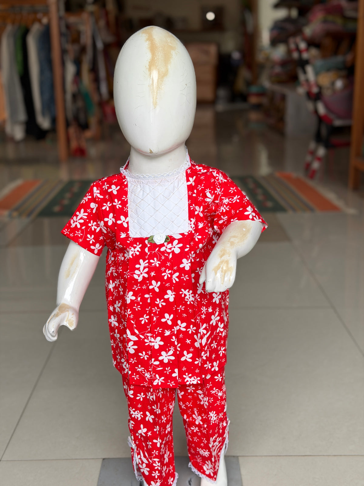 Red floral print cotton lounge wear / night suit set - 2 piece shirt n pants set with pintucks and lace detailing