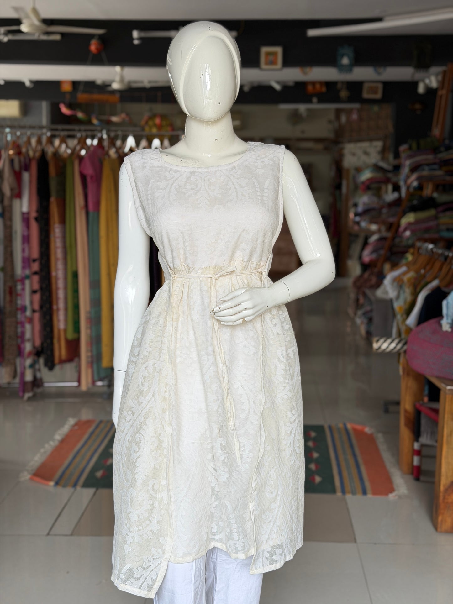 Off white banaras cotton cut work side ties dress / Kurti
