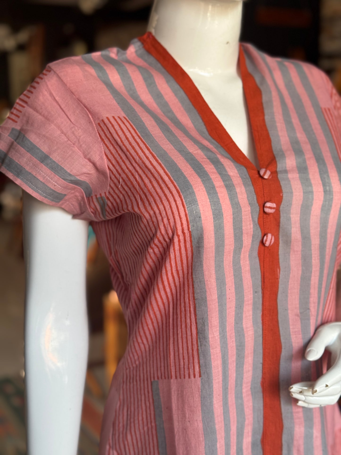 Pink and blue stripes hand spun, hand woven, hand block printed cotton kurti