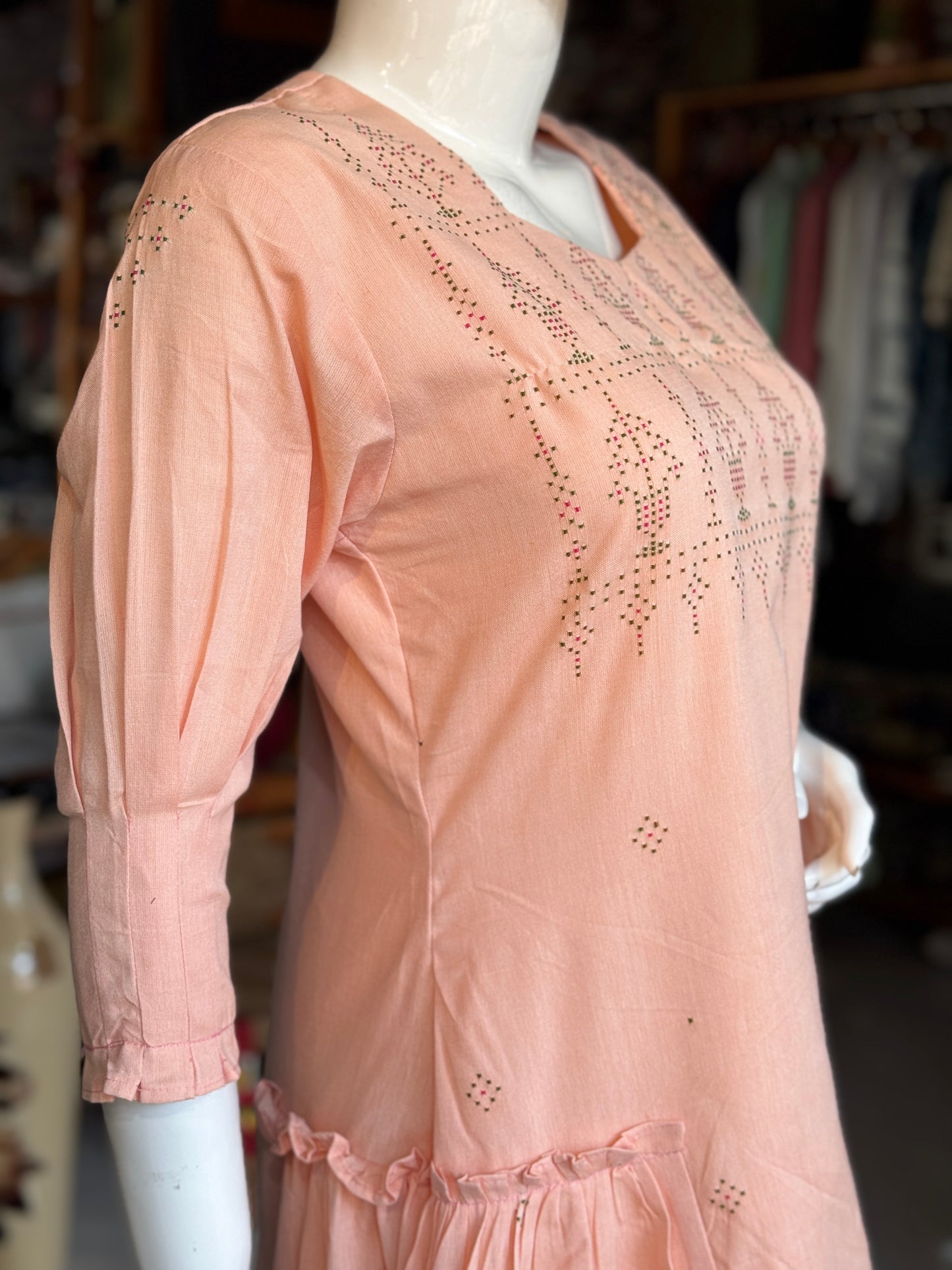 Peach Tangaliya handwoven cotton dress with two tiered side frills