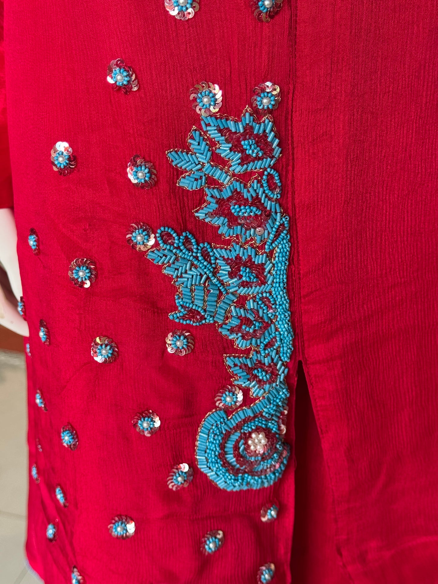 Hot pink wrinkled georgette embroidered 3 piece suit set - festive wear set