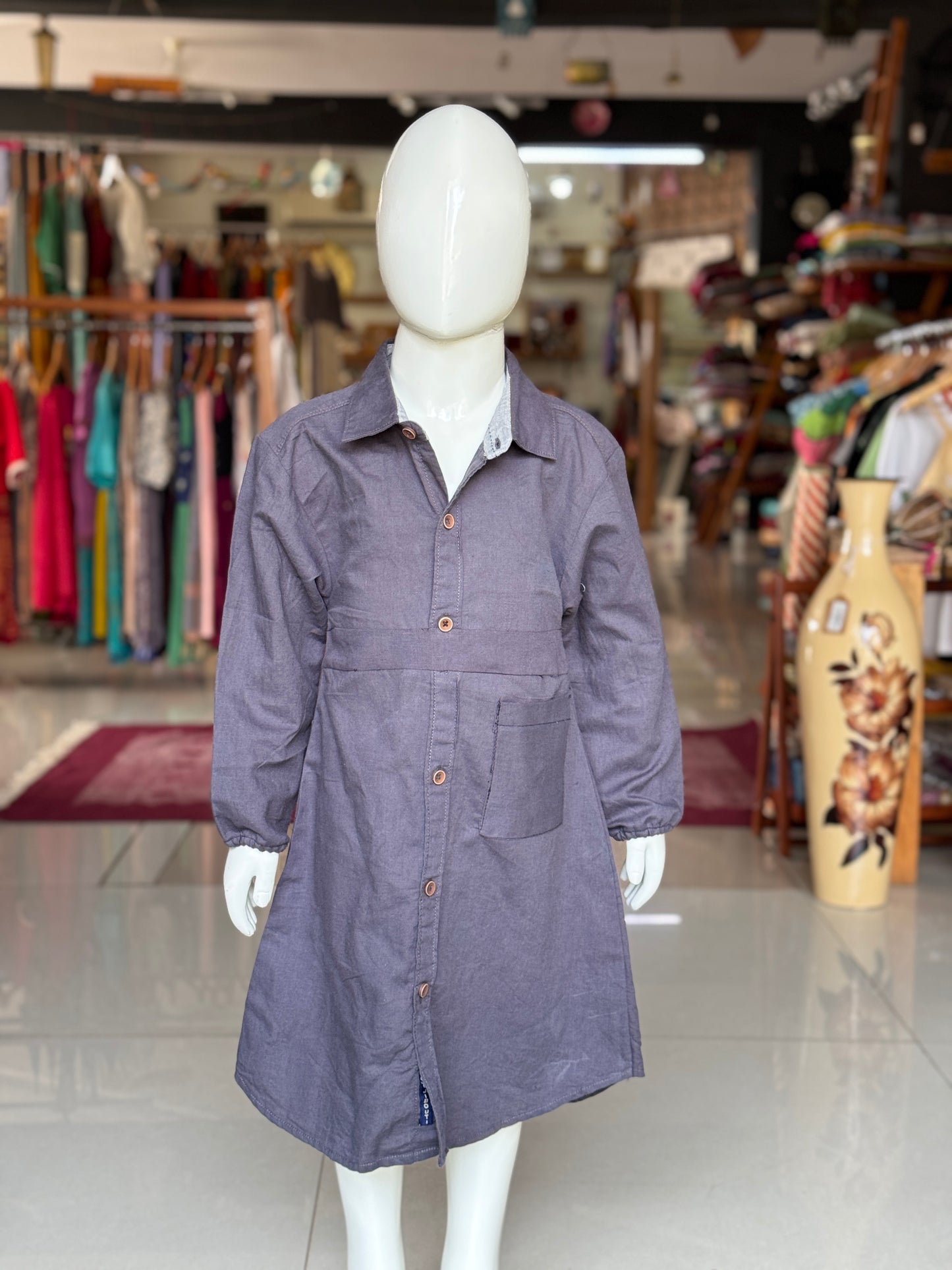 Grey cotton shirt style dress for girls