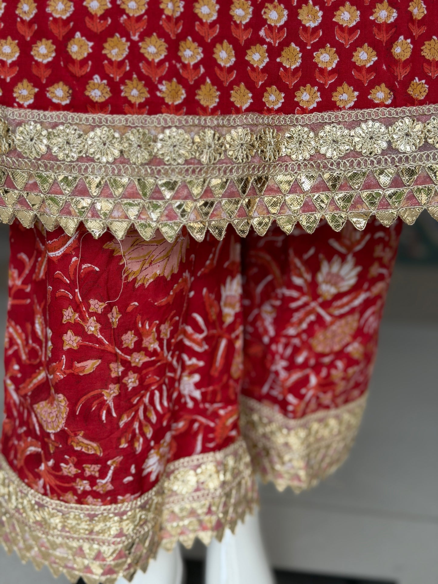 Red floral hand block print with lace detailing flared kurti, pants and dupatta - 3 piece set