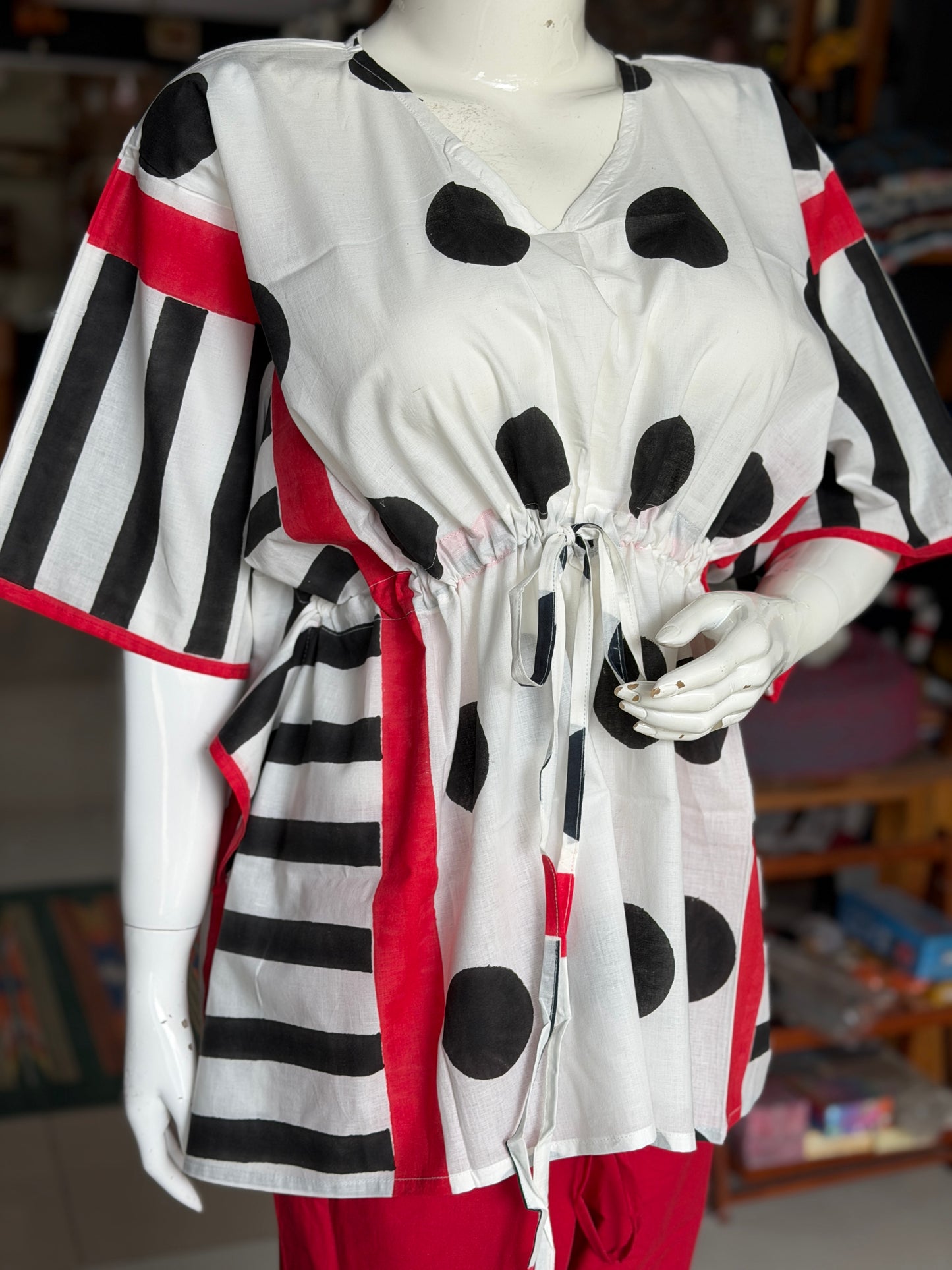 White and red Kaftan top in cotton hand block prints and plain cotton pants - 2 piece set