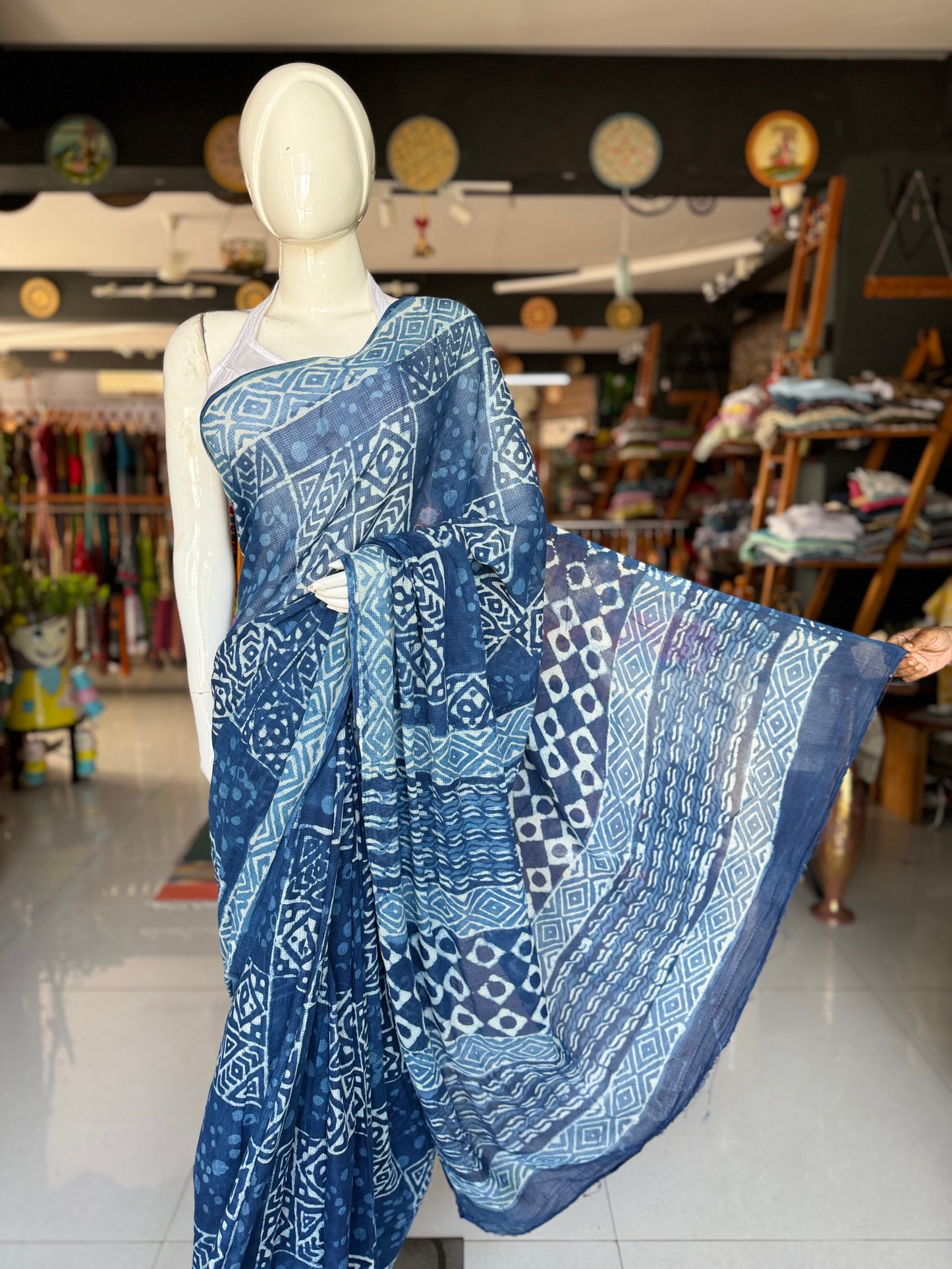 Indigo kota cotton hand block printed saree