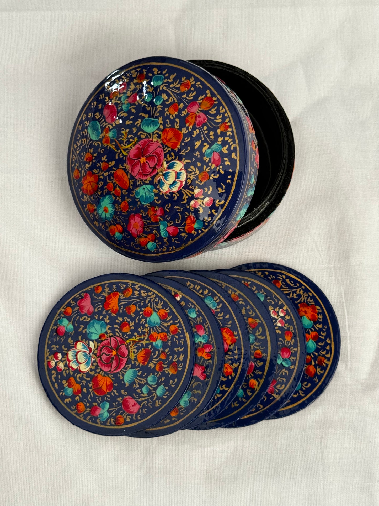 Round Coasters 6 piece set with container - Kashmiri Papier mache hand painted