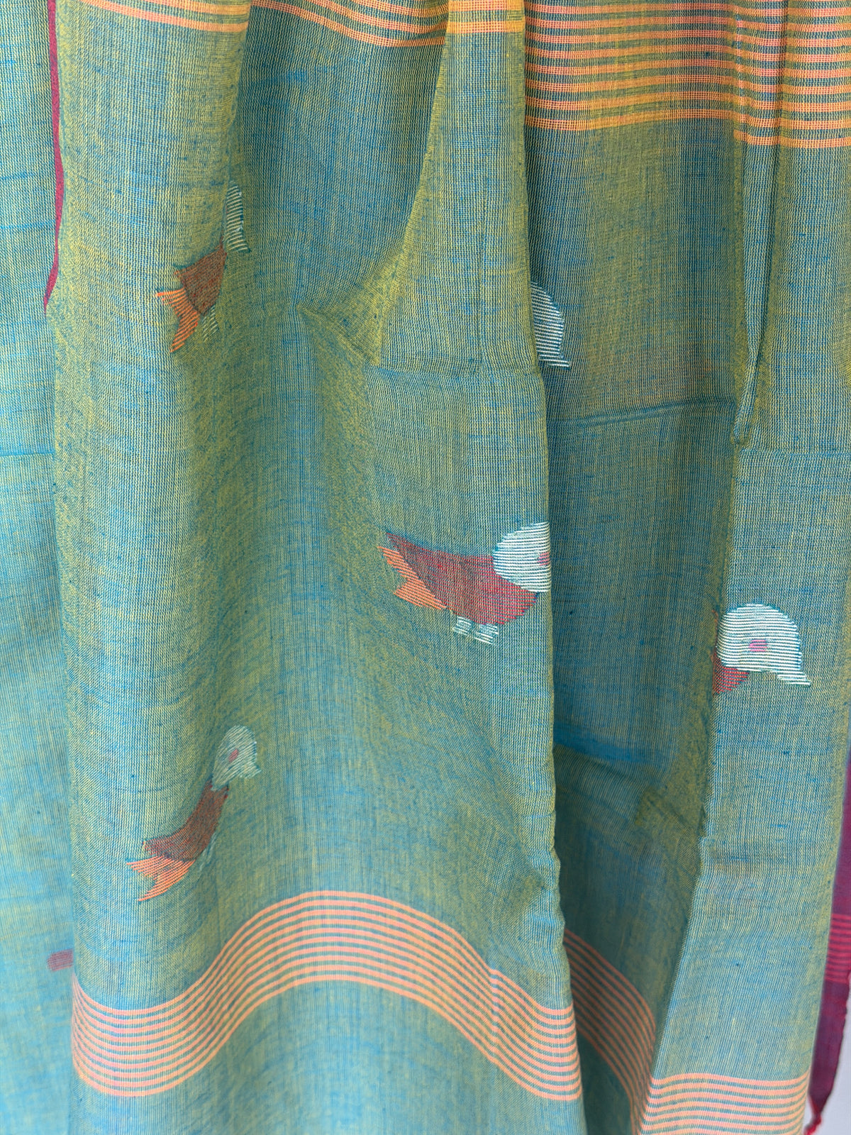 Sage green cotton handwoven Jamdani 2 piece unstitched set - kurti n dupatta