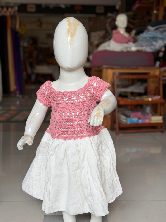 Pink crochet yoke with off white balloon hem frock for little girls