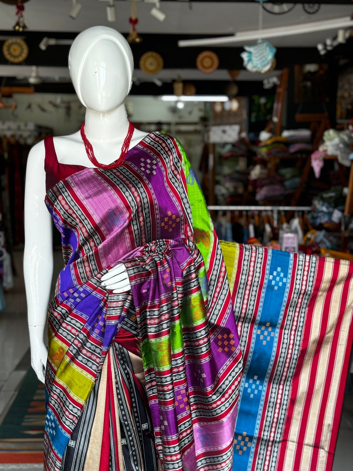 Maroon, gold and black stripes Brahmapuri silk handwoven saree with temple border and colourful double palla