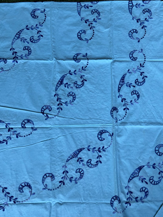 Blue hand embroidered cut work scallop edged king size cotton bedsheet with 2 pillow cases