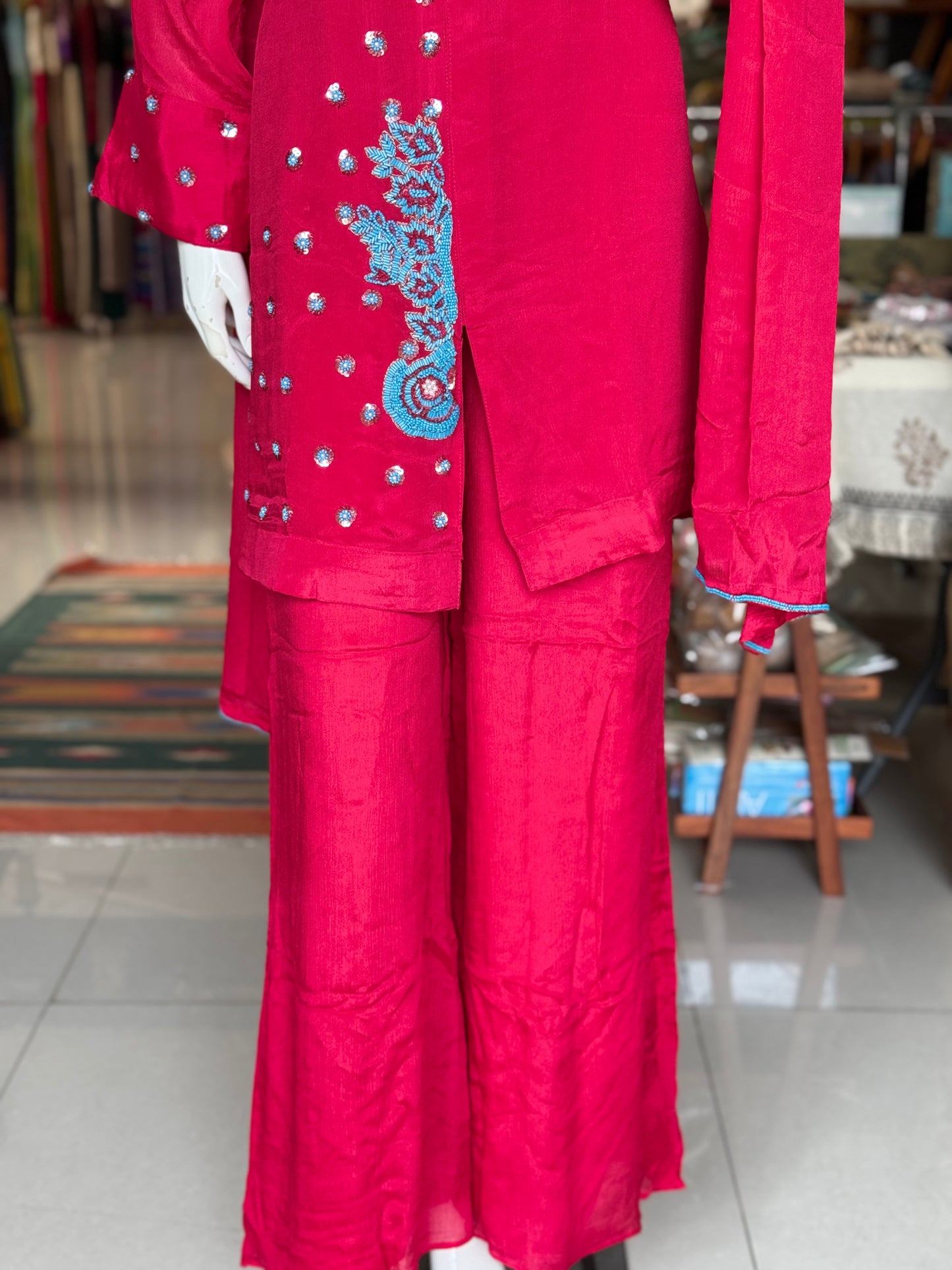 Hot pink wrinkled georgette embroidered 3 piece suit set - festive wear set